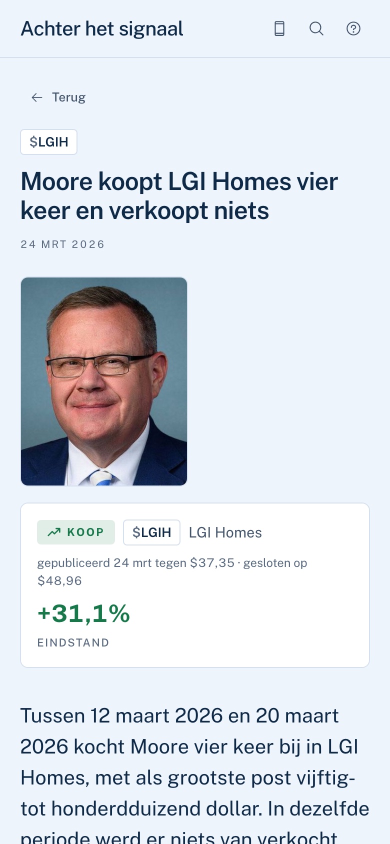 Een signaal in de app: Tim Moore kocht LGI Homes
