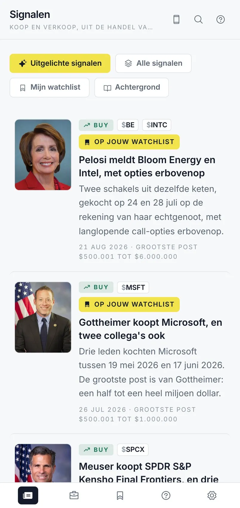 Het signalenscherm van Seinr: een lijst met per signaal een portret, het aandeel, een kop en twee regels uitleg.